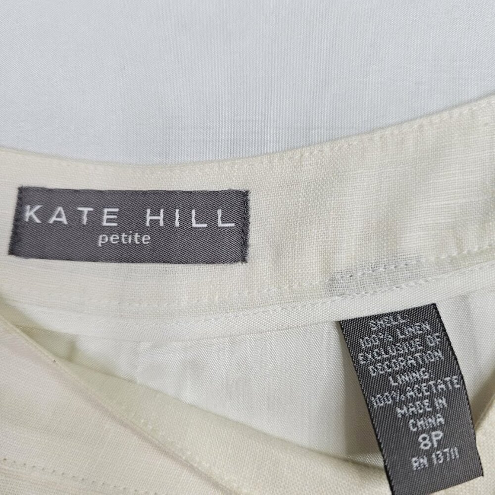 KATE HILL 100% Linen Crop Pants size 8 P OFF WHITE BEIGE Floral Cut Out Resort - Picture 6 of 7